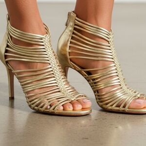 Womens Gold strappy heeled shoes. Size 9.5